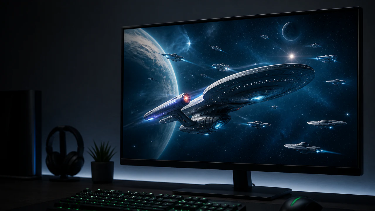 A desktop gaming monitor displays a command ship leading a fleet through space.