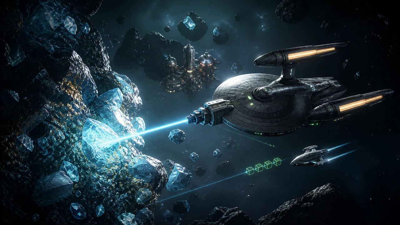 A futuristic mining ship extracts blue mineral deposits from an asteroid field.
