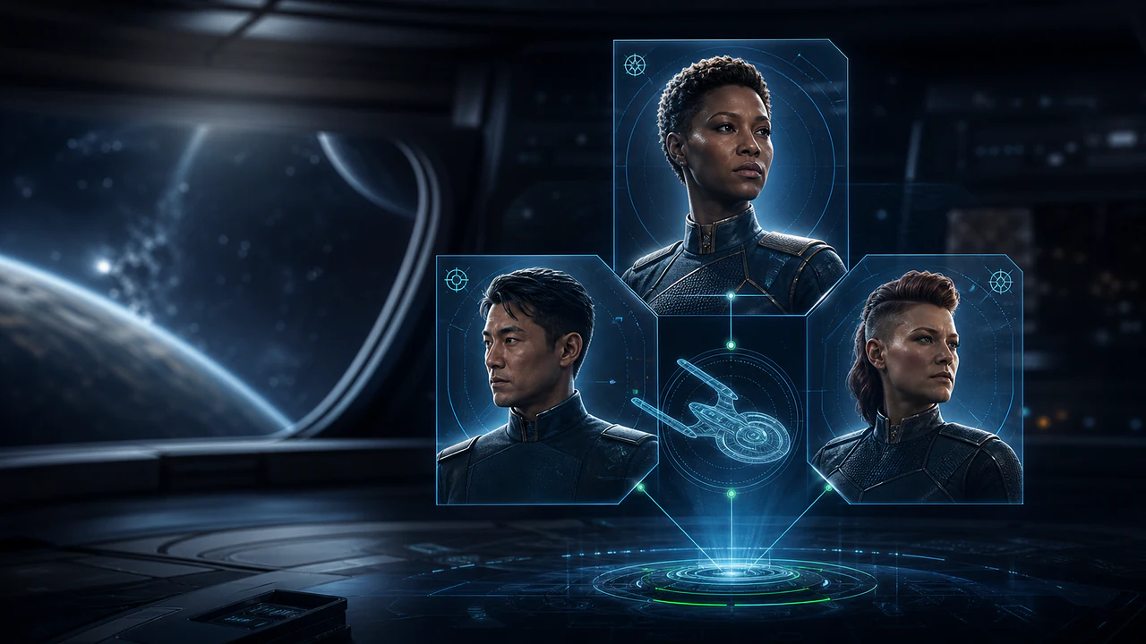 Three futuristic officer dossiers connected to a holographic command ship schematic.