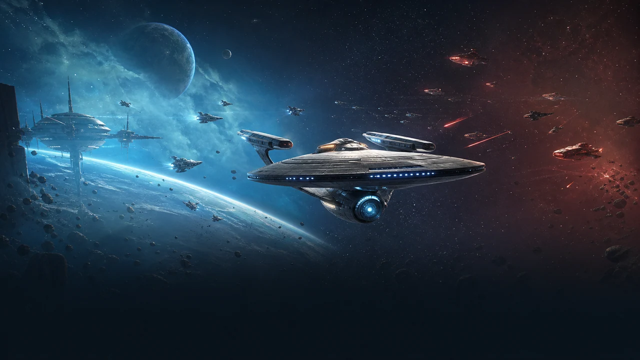 A Star Trek Fleet Command starship leading a fleet above a planet.