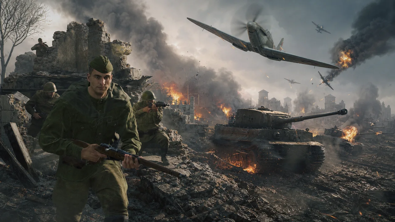 An Enlisted infantry squad advances beside a War Thunder tank and aircraft in a split battlefield comparison.