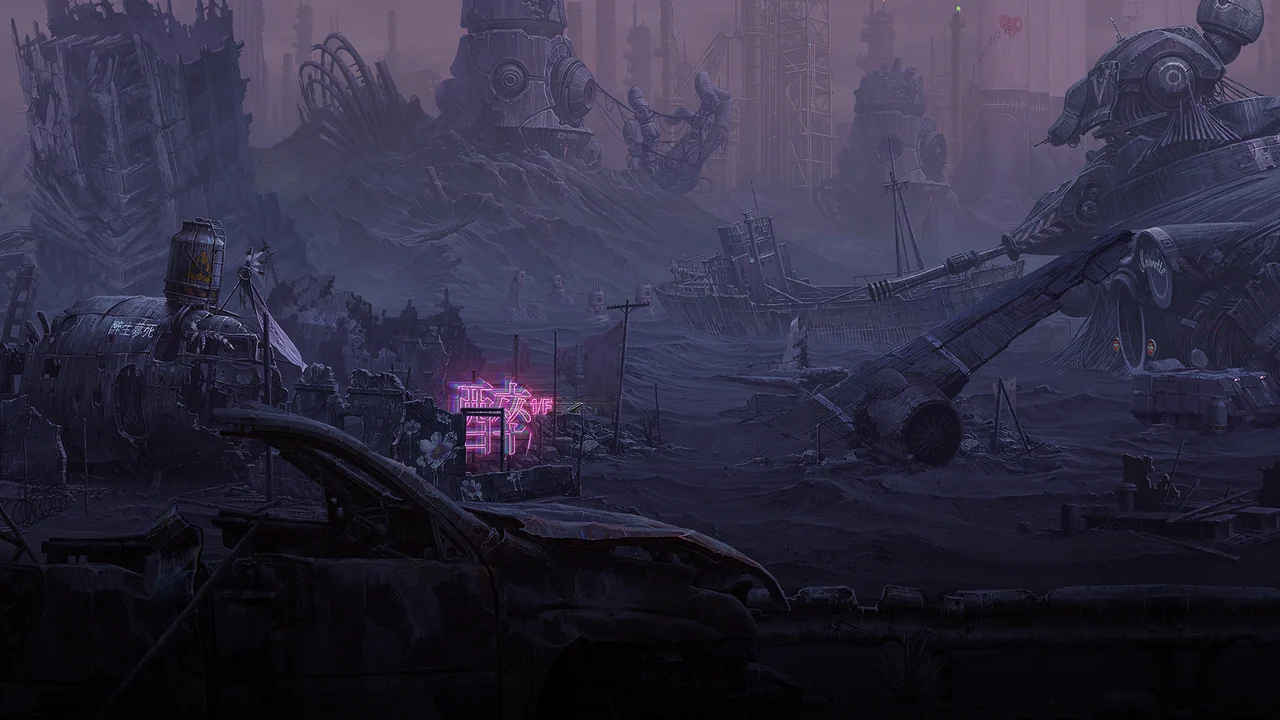 A purple-lit wasteland of half-buried giant machines, a wrecked car, a beached ship and ruined towers.