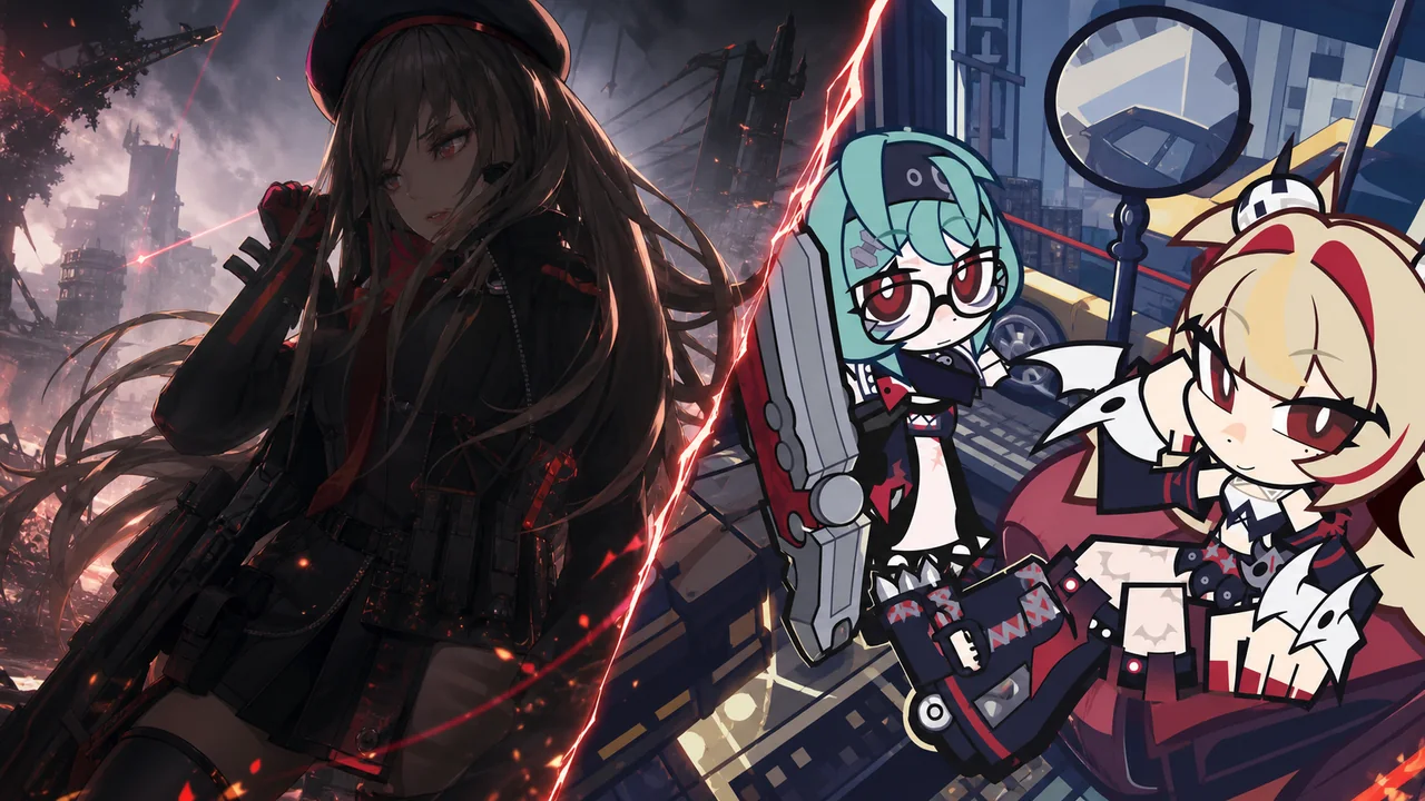 A GODDESS OF VICTORY: NIKKE squad taking cover opposite Zenless Zone Zero Agents in a neon New Eridu combat street.