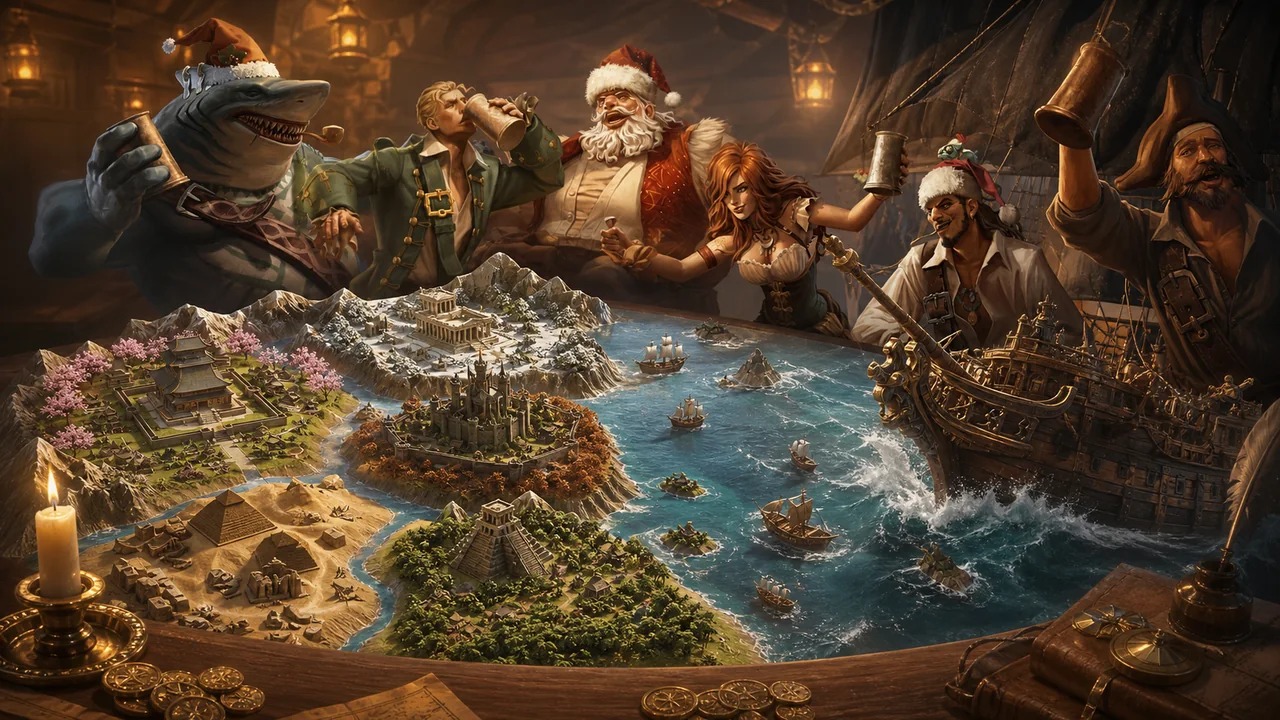 Rise of Kingdoms armies on a fortified valley map facing a Sea of Conquest pirate flagship across a split strategy scene.
