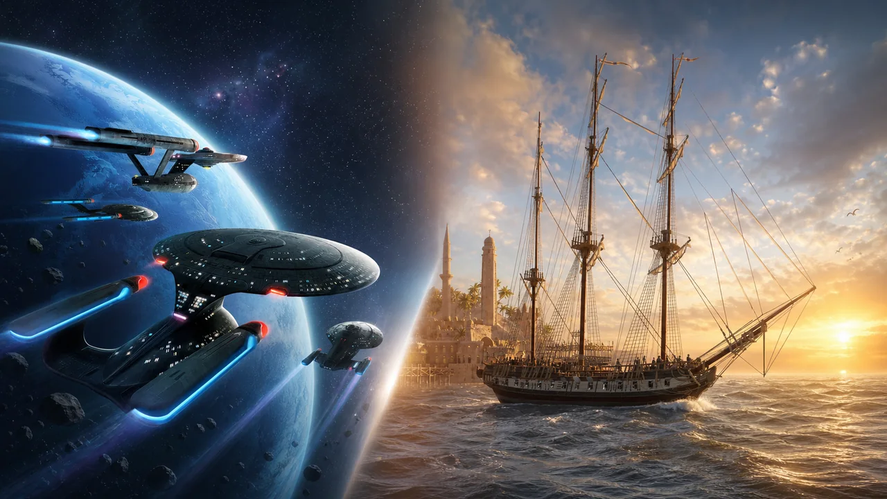 A Star Trek Fleet Command starship facing a World of Sea Battle sailing frigate across a split fleet comparison scene.
