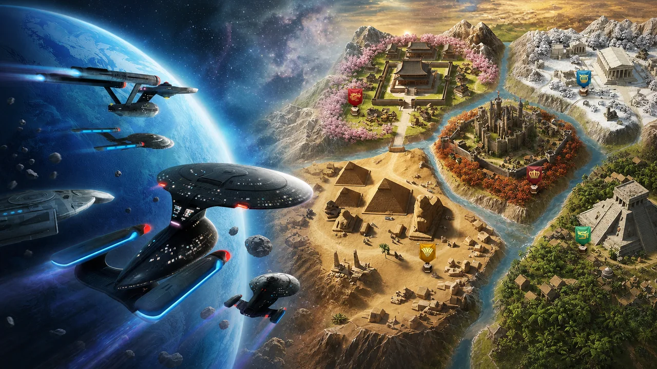 Star Trek Fleet Command starships beside a Rise of Kingdoms civilization map in a split comparison scene.