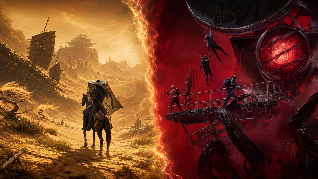 A Where Winds Meet wuxia swordsman facing a Once Human survivor across a split open-world landscape.