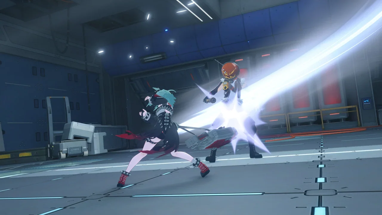 A teal-haired agent meets a bright blade strike from an enemy inside a dim hangar lit by red panels.