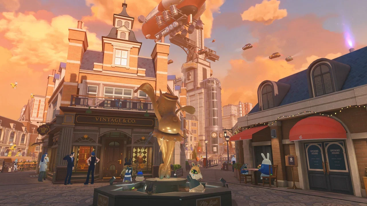 A sunset street plaza with a fountain statue, a shop front, cafe awnings, pedestrians and an airship overhead.