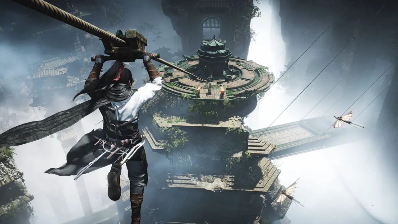 A wanderer slides along a rope toward a ruined pagoda on a floating rock, with flying wooden gliders nearby.