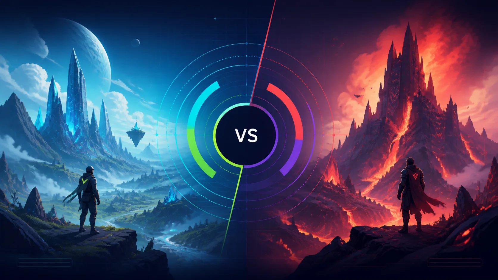 Two fictional rival game heroes facing each other