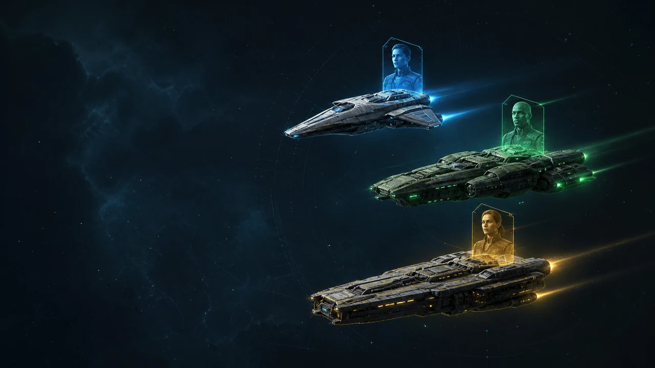 Three original sci-fi starships fly in formation with colored officer holograms.