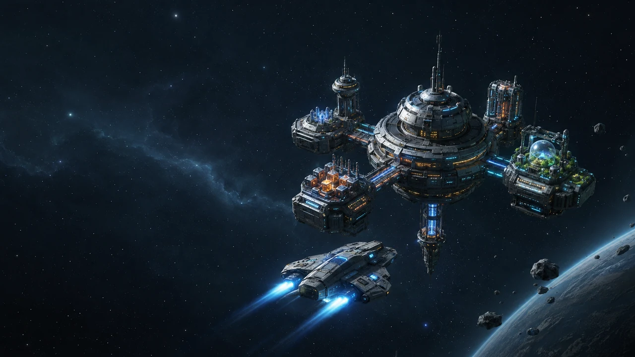 A small starship approaches a modular orbital station with connected upgrade modules.