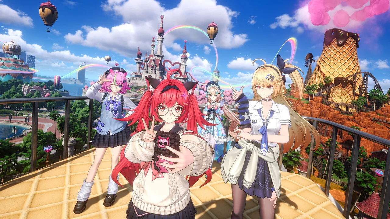 Four Neverness to Everness characters take a selfie on a balcony above a theme park with a castle, rides and hot-air balloons.