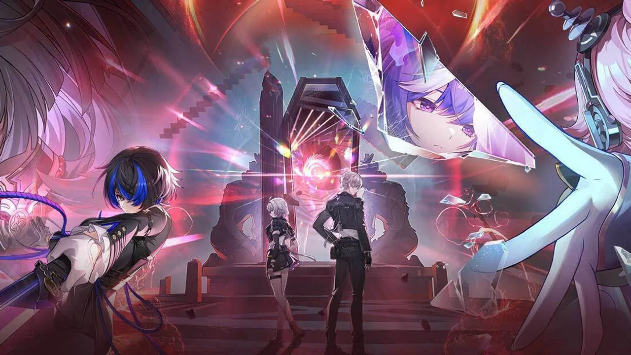 NTE Version 1.3 key visual: a swordswoman, a blue-haired fighter and two agents facing a glowing gate among glass shards.
