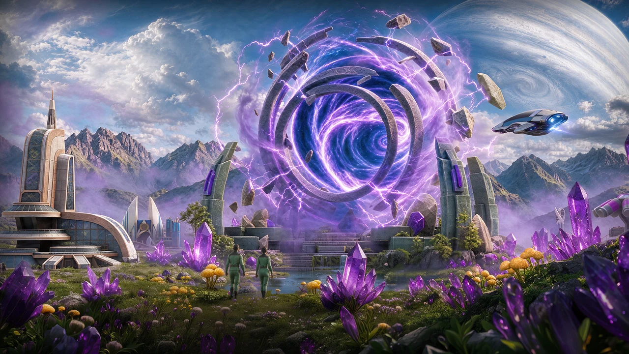 Star Trek Fleet Command artwork: two figures walk toward a purple stone gateway among crystals under a large planet.