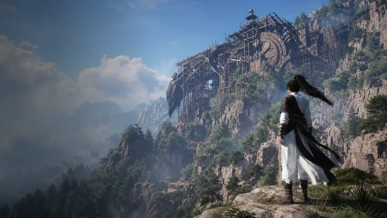 Wanderers rebuilding the Cloudstair toward Heaven's Threshold above the misty peaks of Mohist Hill.