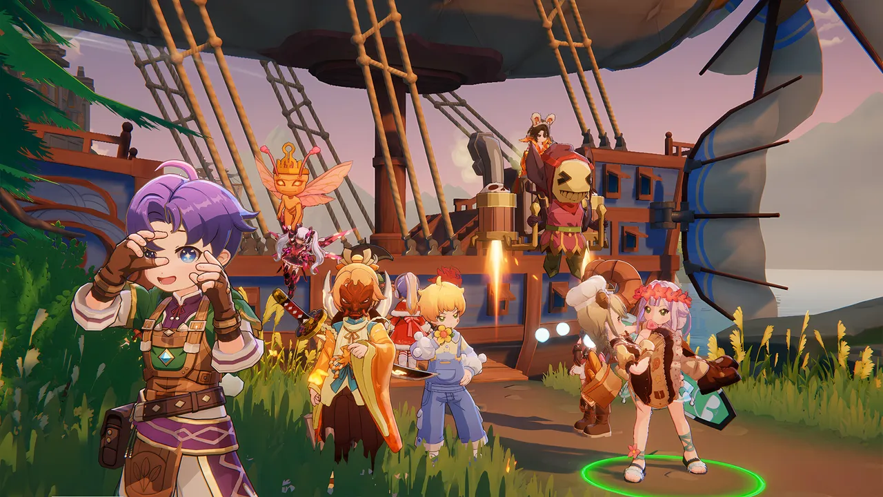 Costumed adventurers gather on a grassy path in front of a moored airship at dusk.