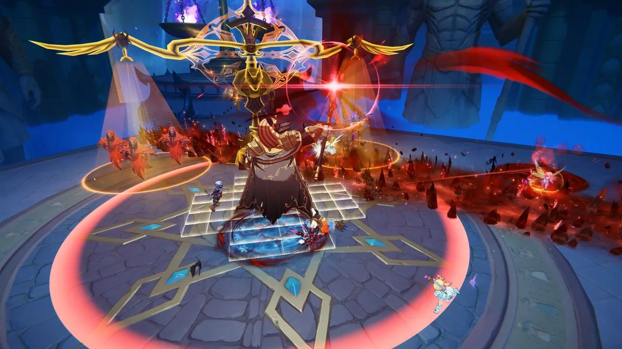 A party fights a jackal-headed boss in a stone arena beneath giant golden scales, red attack markers on the floor.