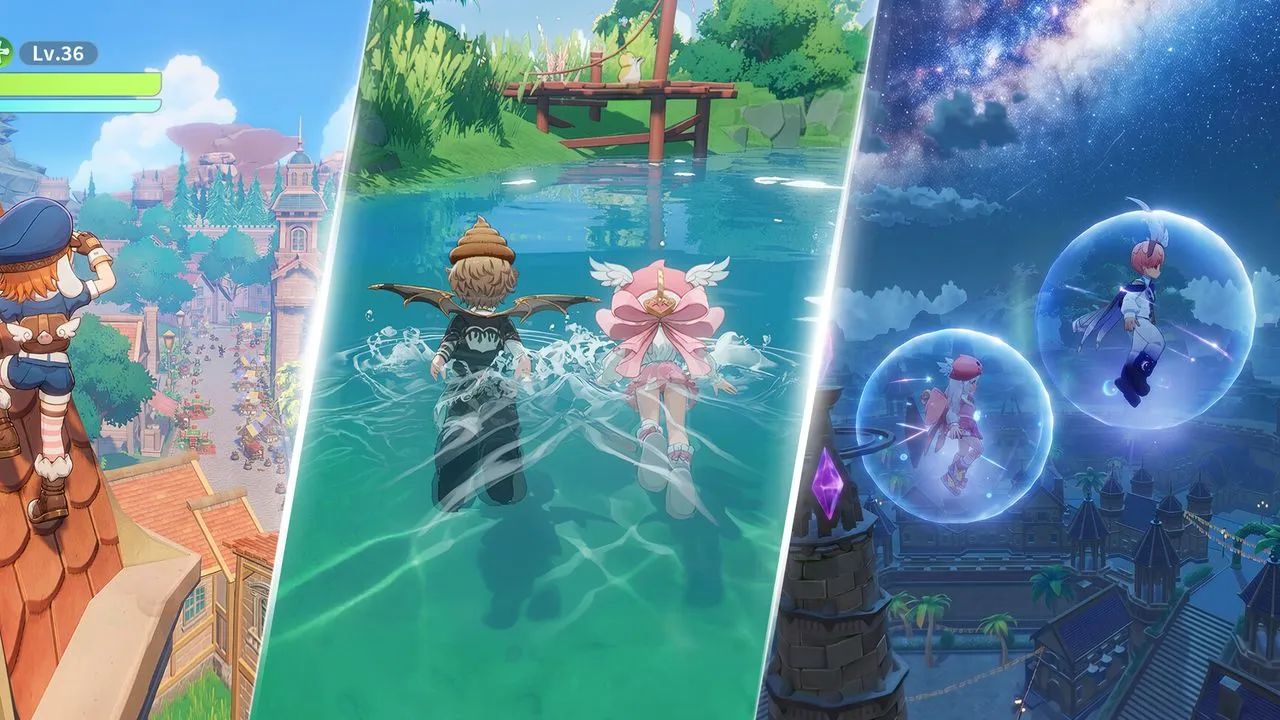 Three panels: a character climbing a rooftop, two swimming in a lake, two floating in bubbles above a night town.