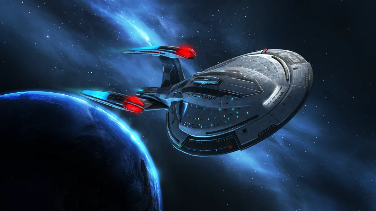 A Federation starship with red-tipped nacelles flies above a blue planet.