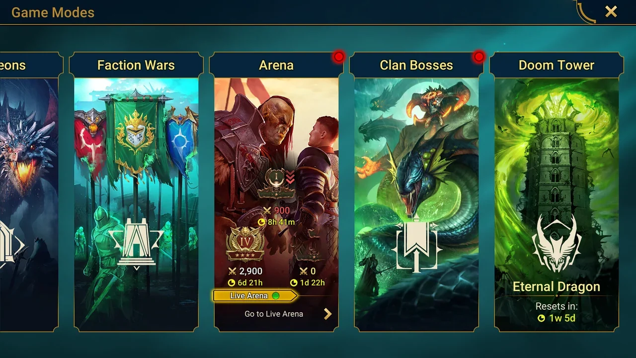 RAID Game Modes menu with Faction Wars, Arena, Clan Bosses and Doom Tower cards side by side.
