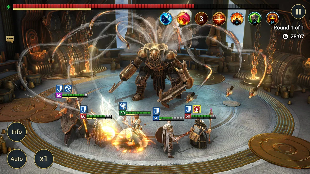 Five RAID champions face a giant bronze automaton boss in a round arena, with Info, Auto and x1 buttons at left.