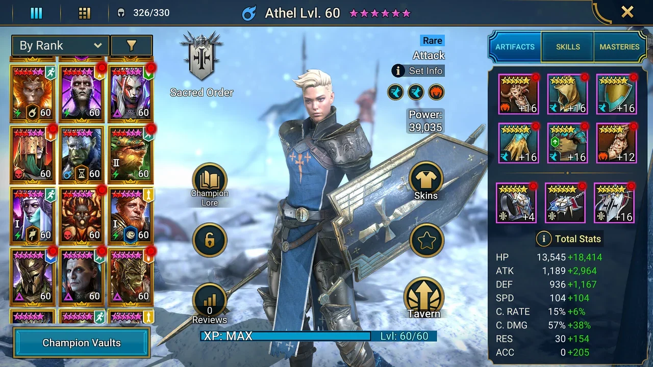 Athel, a Rare Sacred Order attack champion at level 60 with six stars, holding a shield beside her artifacts and stats.