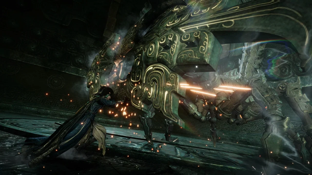A robed fighter clashes with a huge bronze mechanical beast, sparks flying between blade and armor.