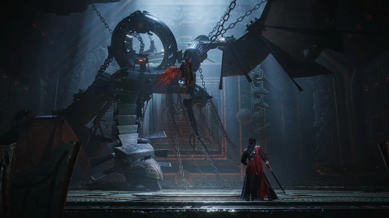 A swordsman in a red cloak faces a colossal chained mechanical guardian inside a dark stone hall.