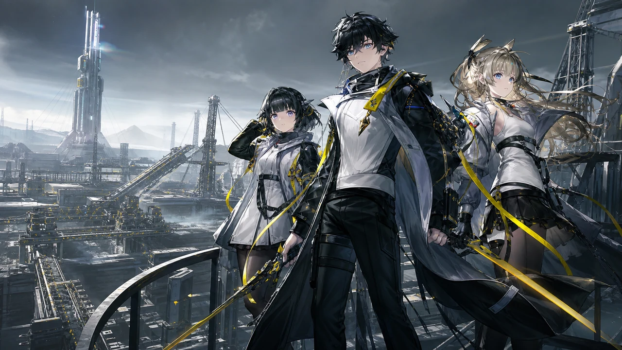 The Endministrator and two operators overlooking an automated industrial complex on Talos-II.