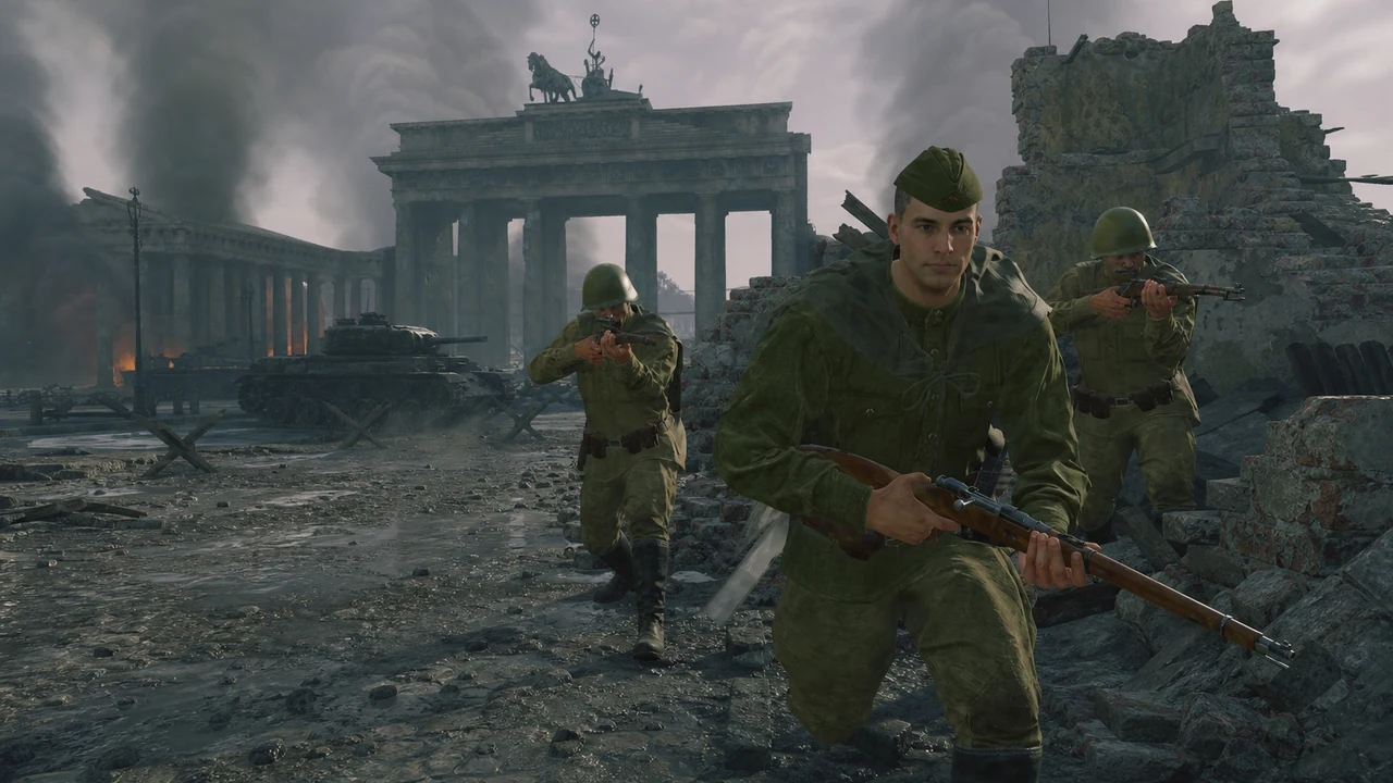 An Enlisted infantry squad advances through a ruined World War II city with armor behind it.