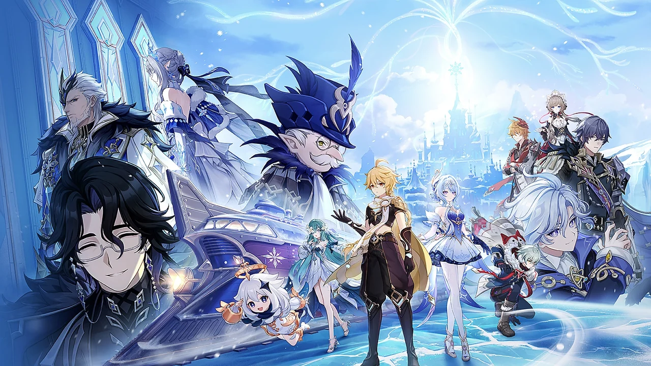 Official Genshin Impact Version 7.0 key art: the Traveler, Paimon and a large cast on frozen ice before a snowy palace.