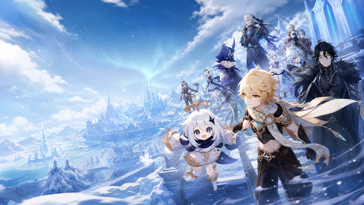 The Traveler and Paimon crossing a snowy Snezhnaya landscape with Version 7.0 characters behind them.