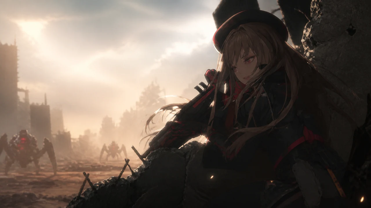A red-and-black armored Nikke taking cover in a ruined city with Raptures in the distance.
