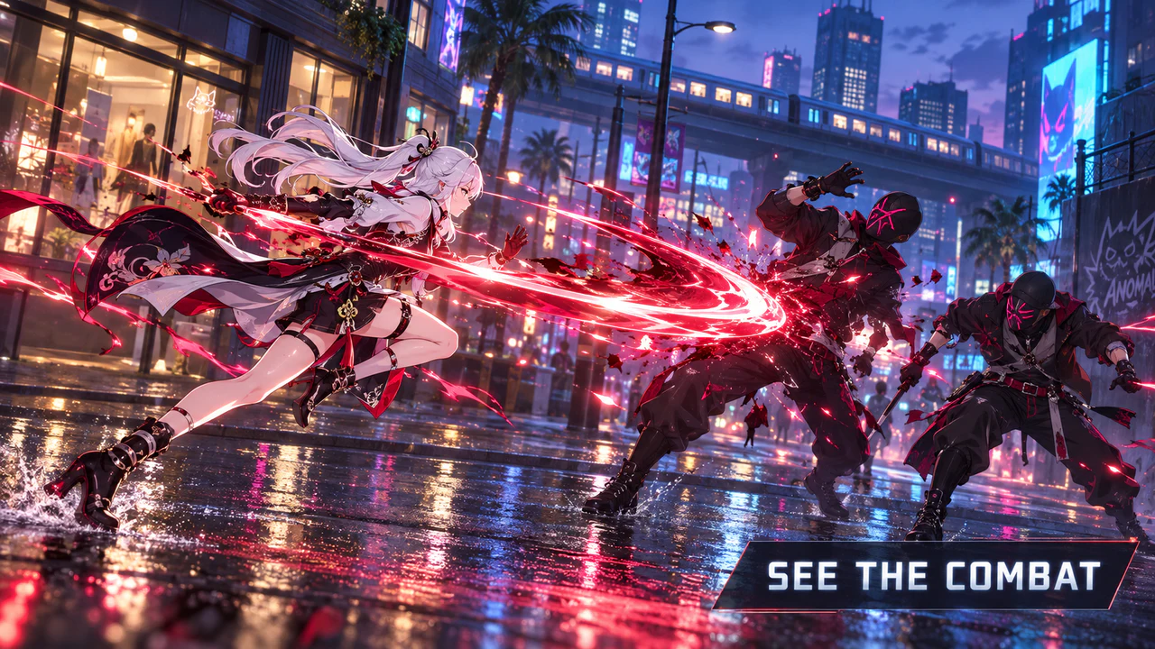 Original illustration of an NTE fighter battling two enemies on a neon city street, with the words See the Combat.