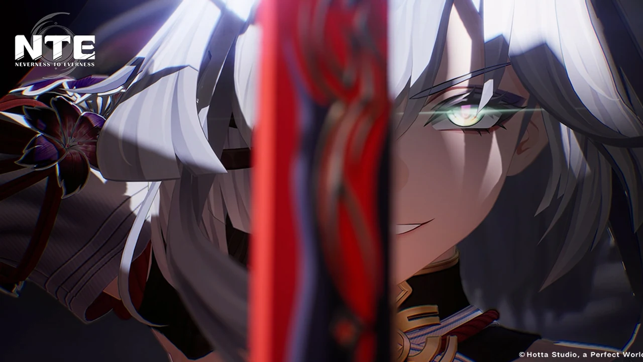 Official NTE version 1.3 close-up artwork of a white-haired character behind a red blade.