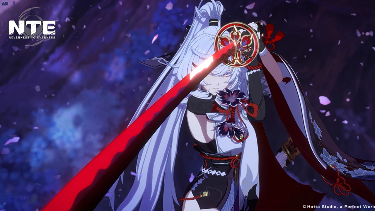 Official NTE version 1.3 artwork showing a white-haired character holding a glowing red blade.