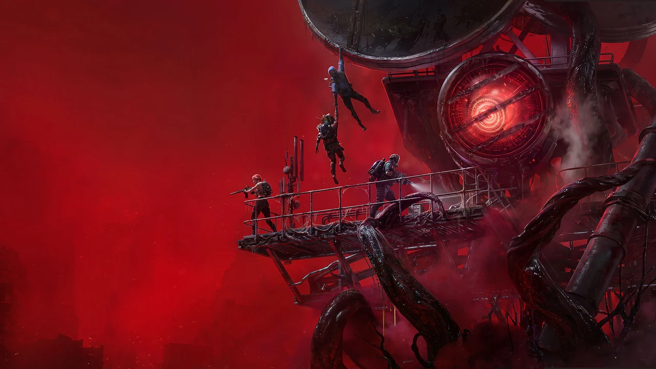 Once Human key visual: armed survivors on a metal catwalk beside a giant red-eyed machine wrapped in tendrils.