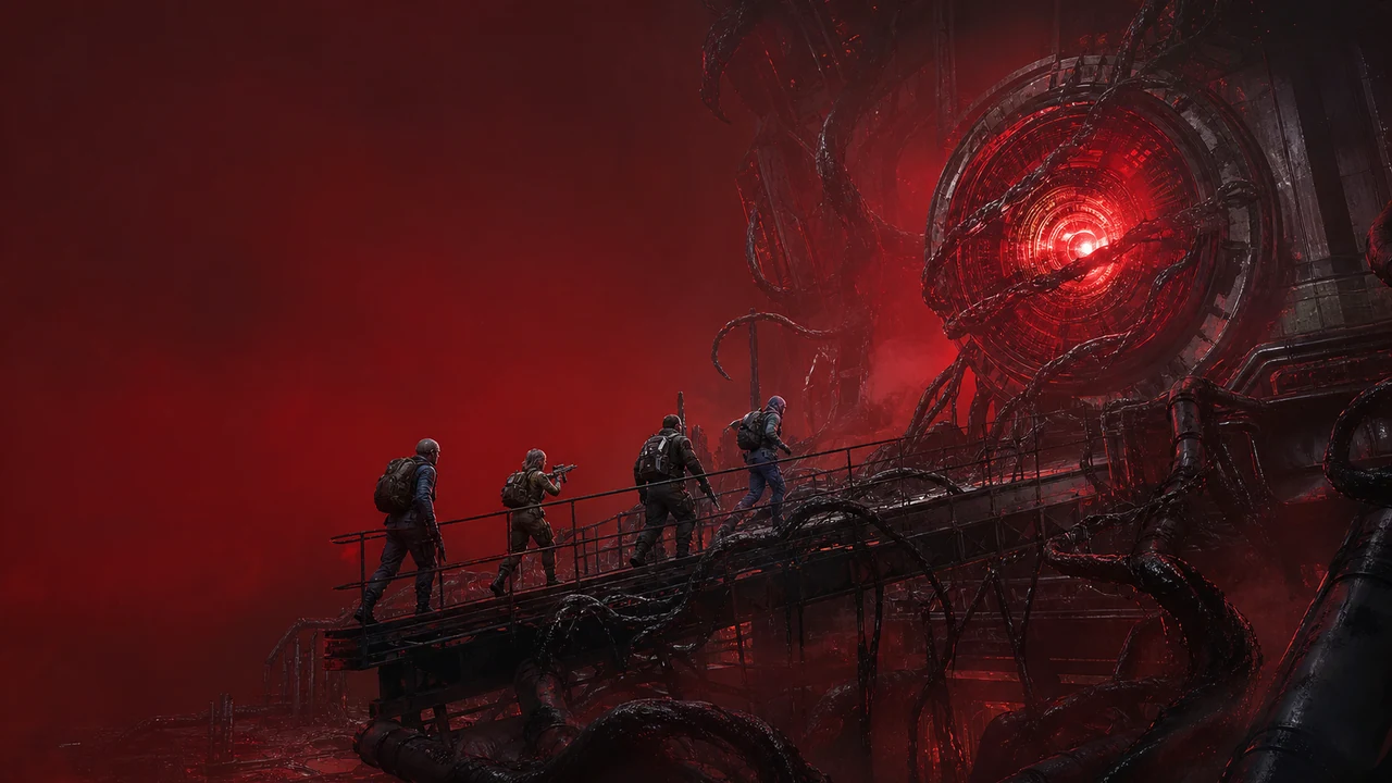 Four survivors approaching a red anomalous reactor as black tendrils invade an industrial facility.