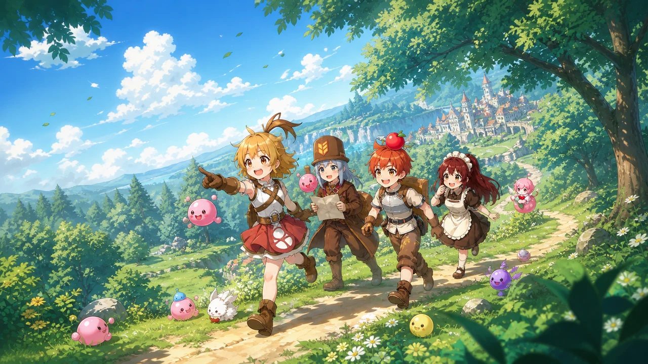 Four young Ragnarok adventurers and colorful Porings following a forest path toward a fantasy town.