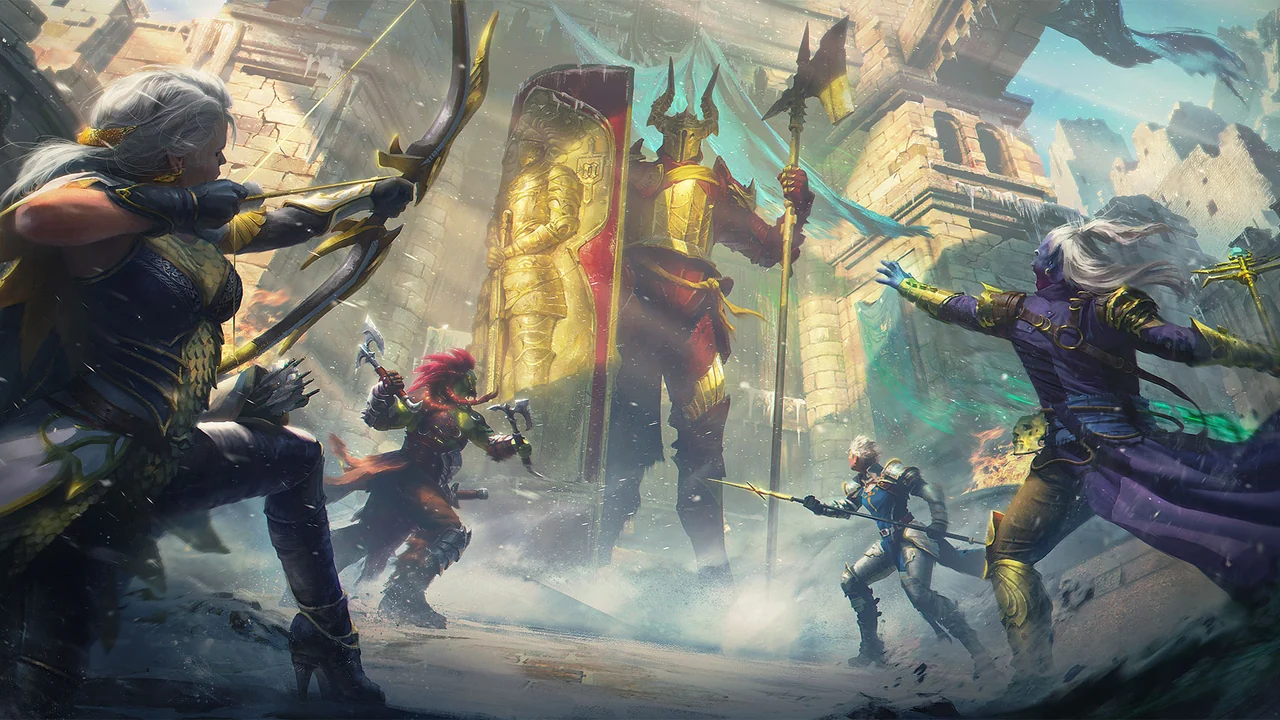 RAID champions, among them an elf archer, an orc and a dark elf mage, attack a giant guardian holding a golden shield.