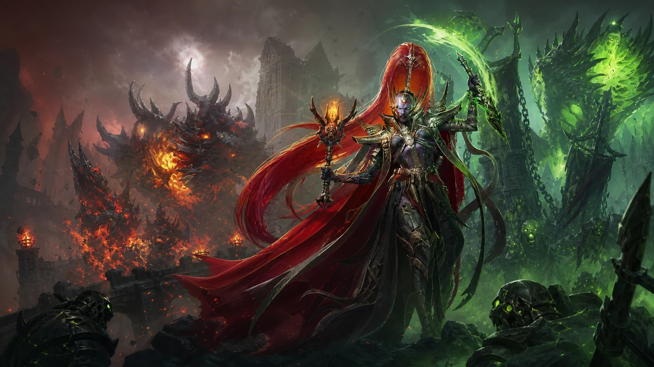 A red-haired dark-elf champion between fiery and spectral armies in a ruined fortress.