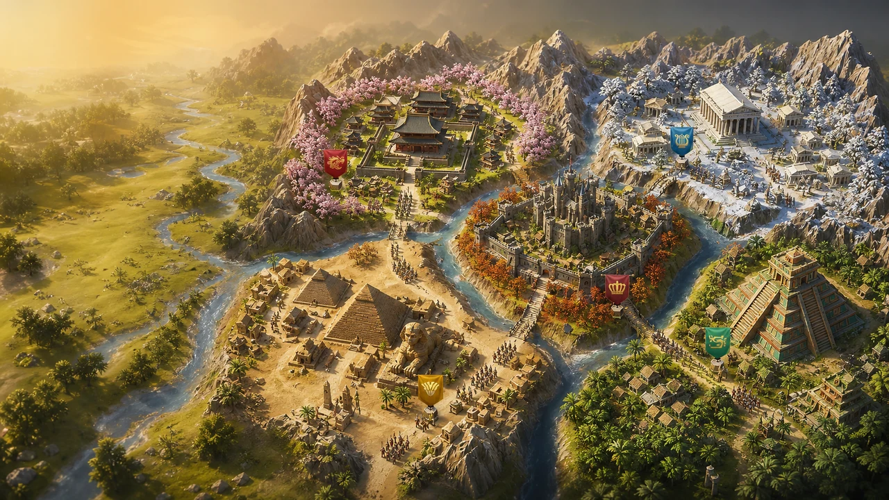 A tabletop-like map of distinct Rise of Kingdoms civilizations connected by rivers around a central fortress.