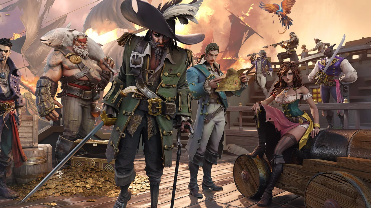 Sea of Conquest key art: a pirate captain in a plumed hat leads his crew across a ship deck strewn with gold coins.
