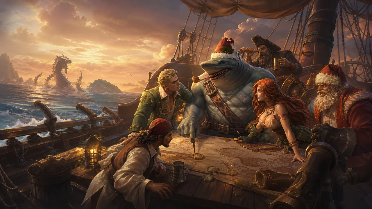 A shark captain and pirate crew planning over a chart on a sailing ship as sea monsters rise in the distance.