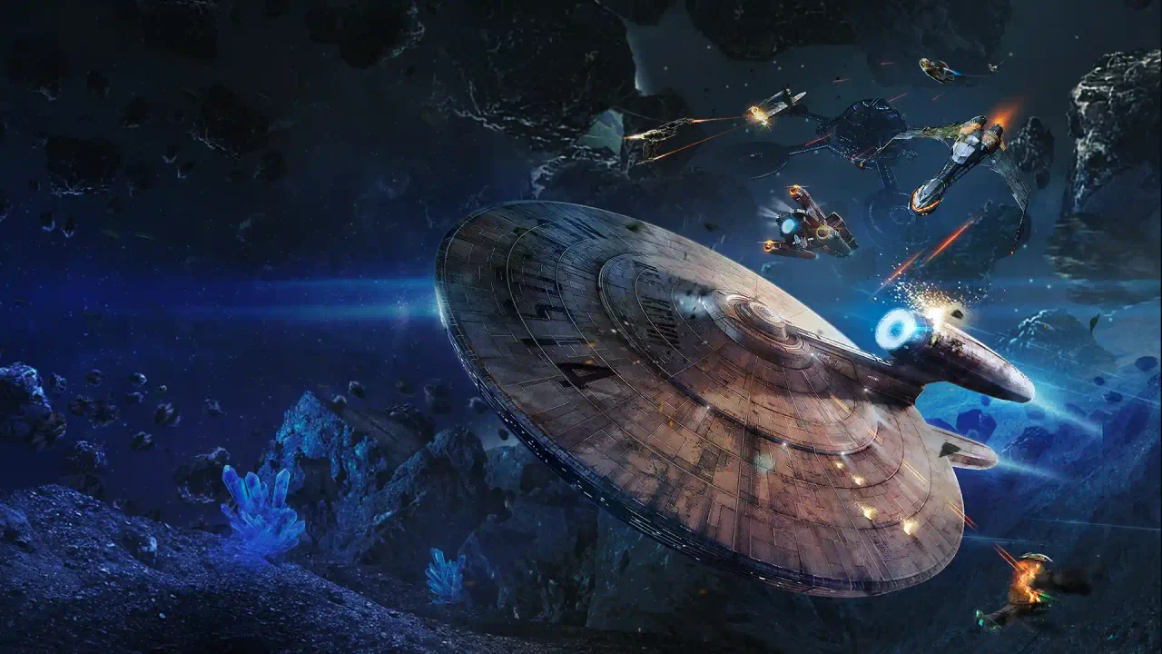 A weathered Federation saucer ship crosses an asteroid field while smaller ships exchange fire behind it.