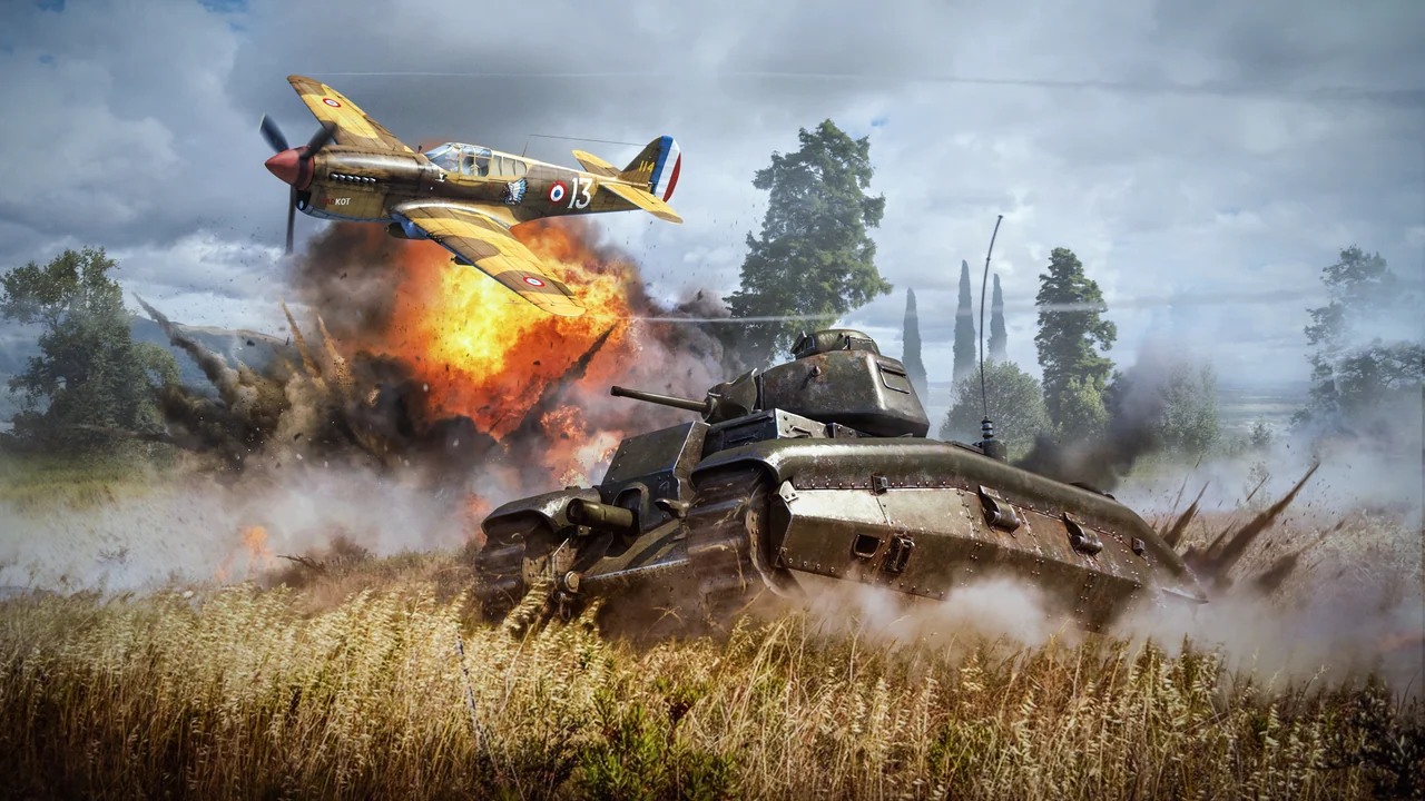 A tan fighter plane with French roundels swoops low over a riveted tank as an explosion erupts in a wheat field.