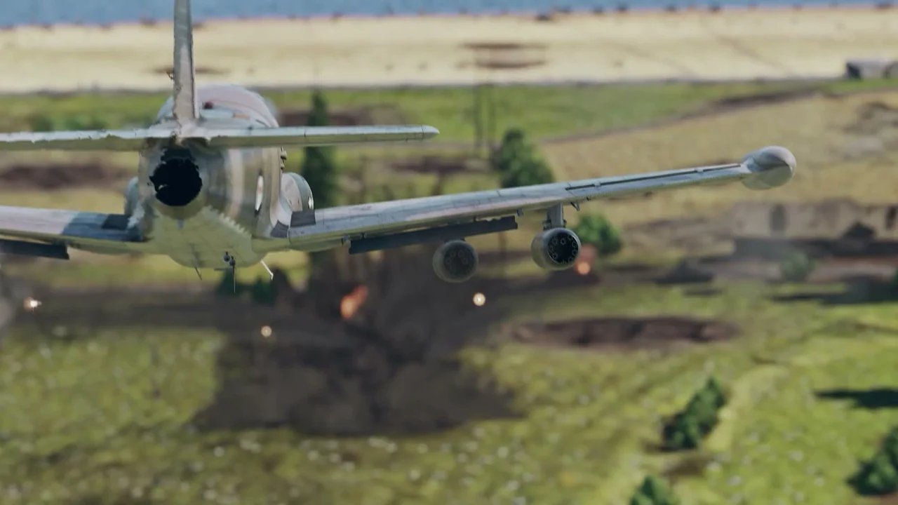 Official War Thunder campaign footage showing a military aircraft flying low over a battlefield.