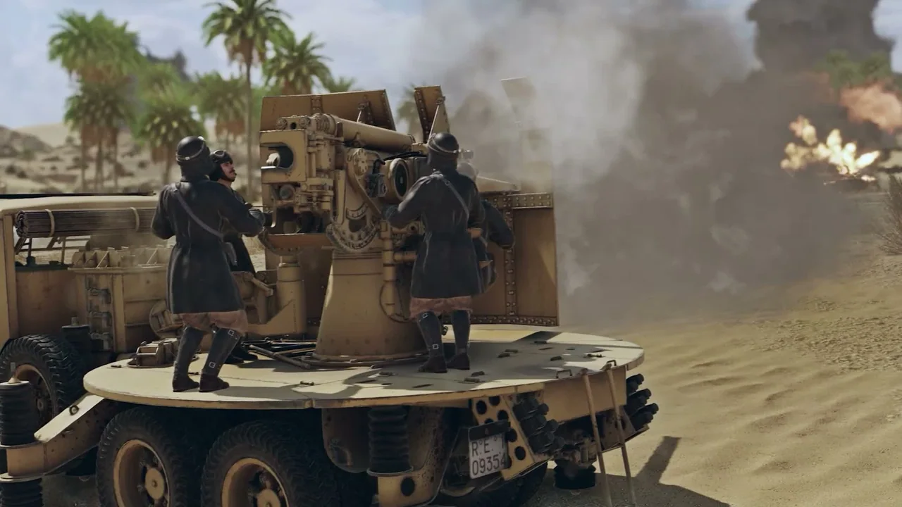 Official War Thunder campaign footage showing a crew on an armed vehicle amid smoke and explosions.